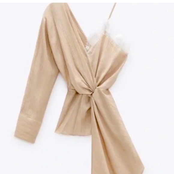 New Zara Beige Tan Asymmetrical Cami V Neck Lace One Shoulder Blouse Top - Picture 11 of 16